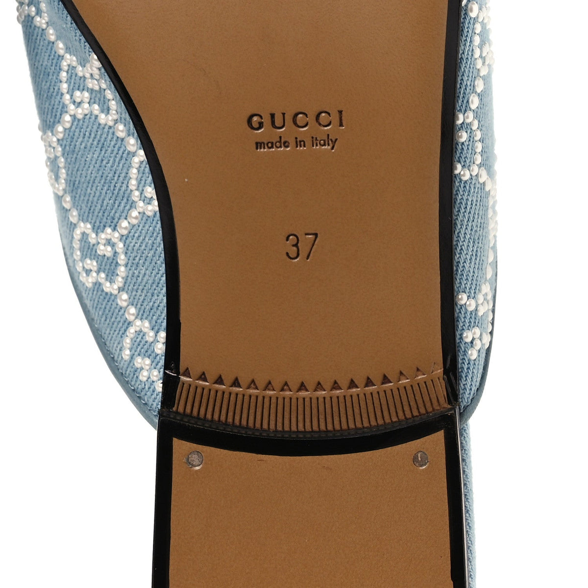 GG Denim Monogram Pearl Womens Princetown Slippers 37 Light Blue