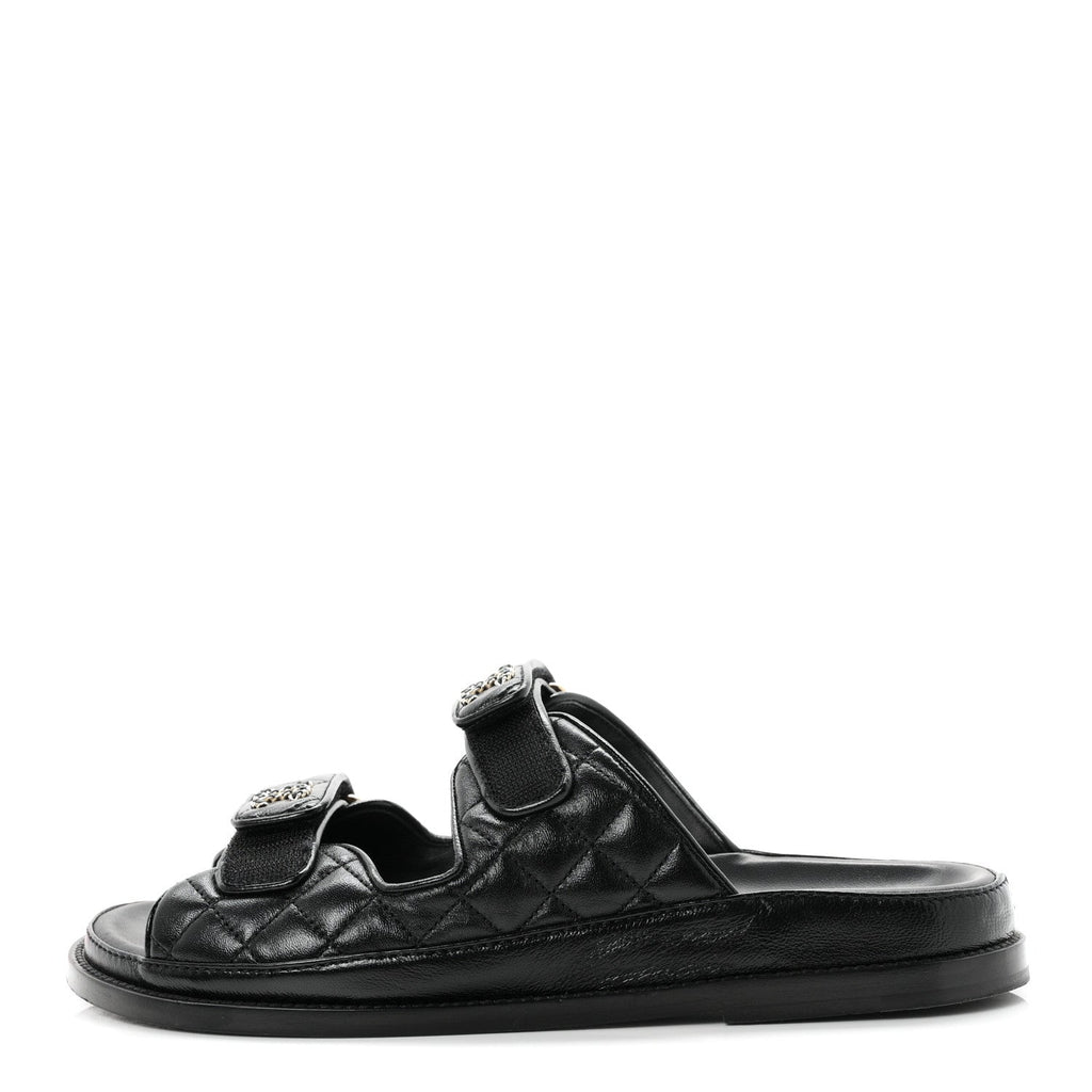 Lambskin Quilted Velcro Dad Chain CC Slide Sandals 39.5 Black