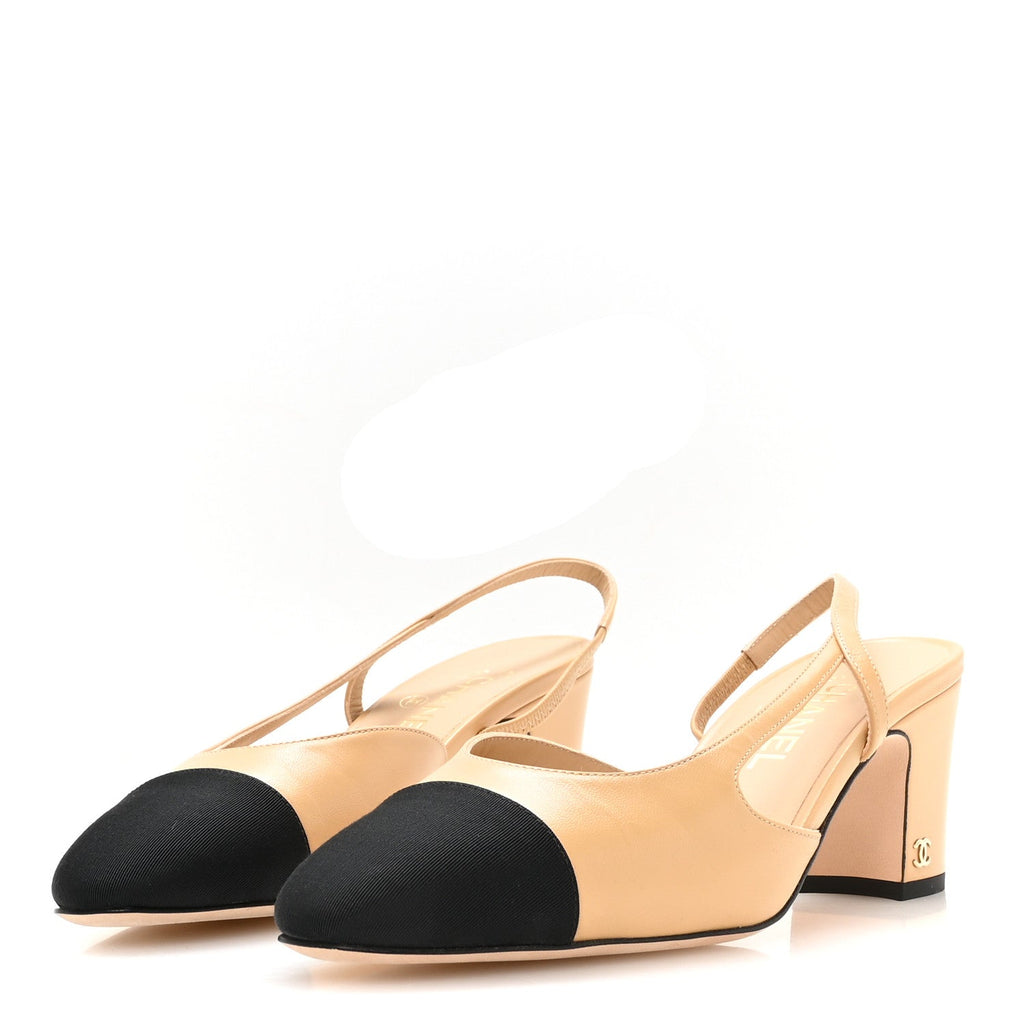 Goatskin Grosgrain Cap Toe CC Slingback Pumps 39 Beige Black