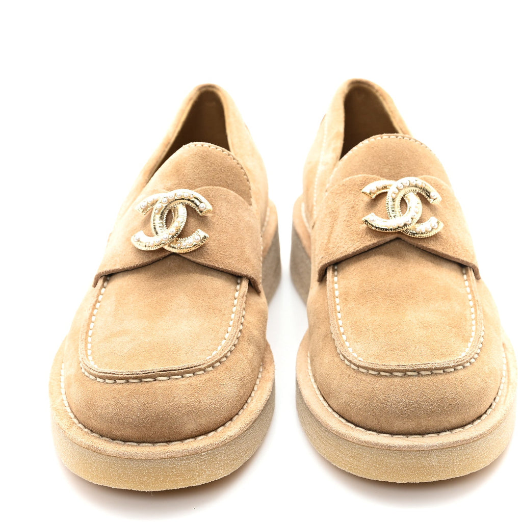Suede Calfskin Pearl CC Moccasin Loafers 36.5 Dark Beige