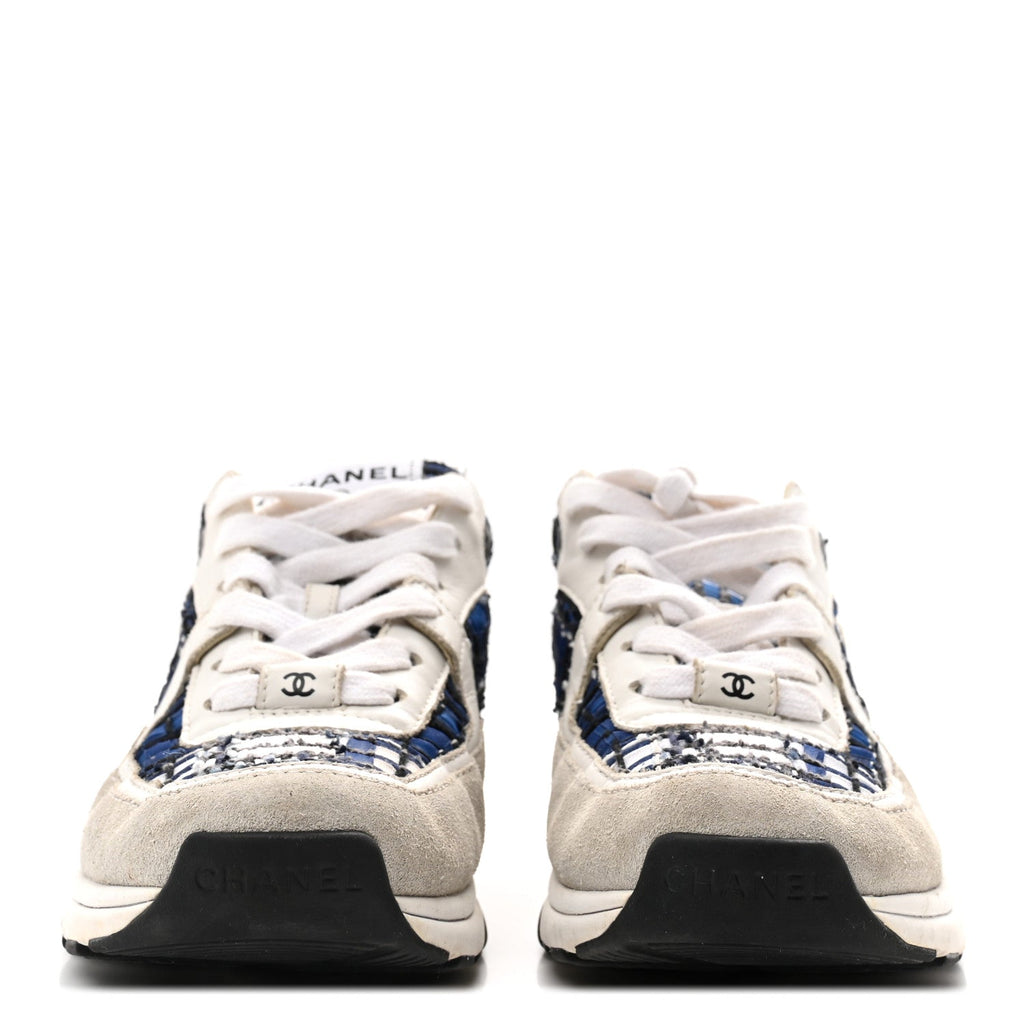 Tweed Suede Calfskin Womens CC Sneakers 37 Dark Blue Black Grey White