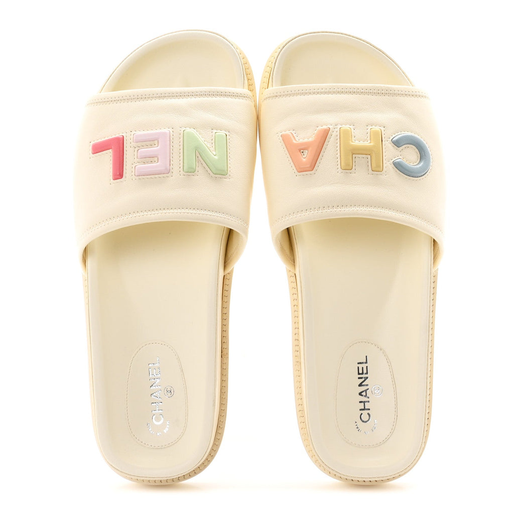 Lambskin Cha-Nel Mule Sandals 40.5 Ivory Multicolor
