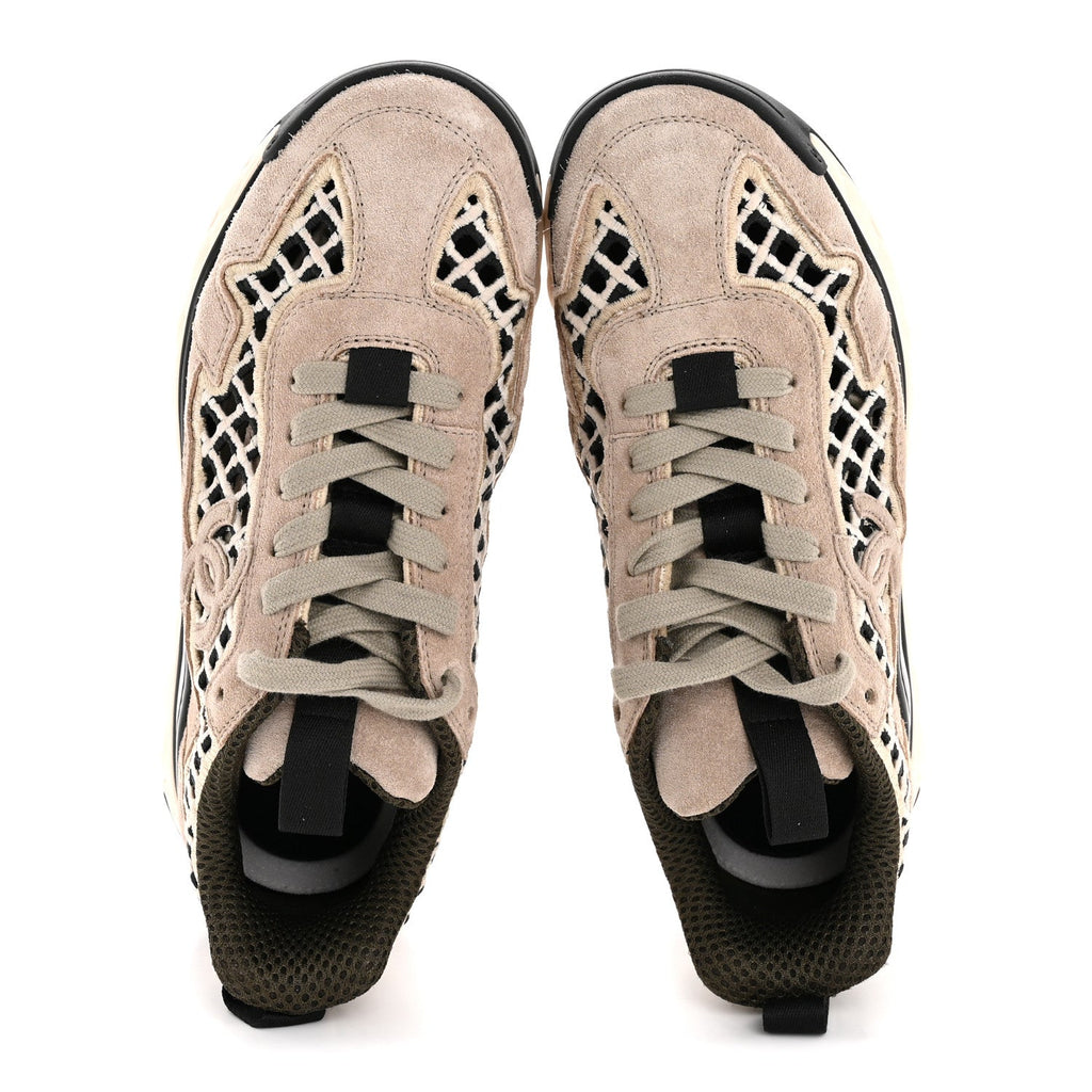 Suede Calfskin Embroidered CC Sneakers 35.5 Beige Black