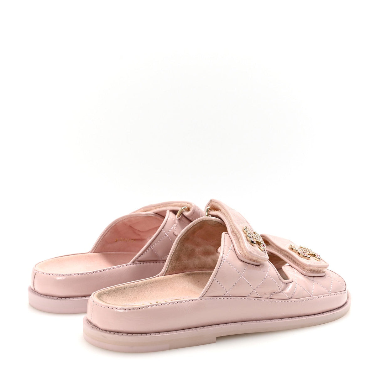 Shiny Calfskin Crystal Quilted Velcro Dad CC Slide Sandals 39 Light Pink
