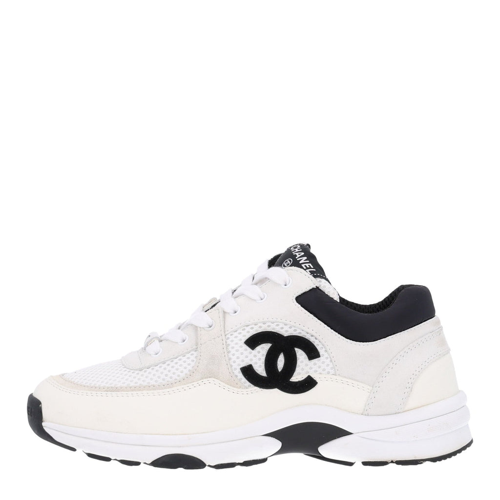 Mesh Suede Grained Calfskin Womens CC Sneakers 36.5 White Black