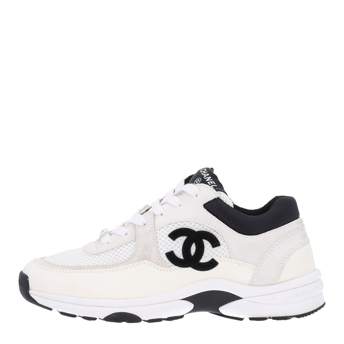 Mesh Suede Grained Calfskin Womens CC Sneakers 36.5 White Black