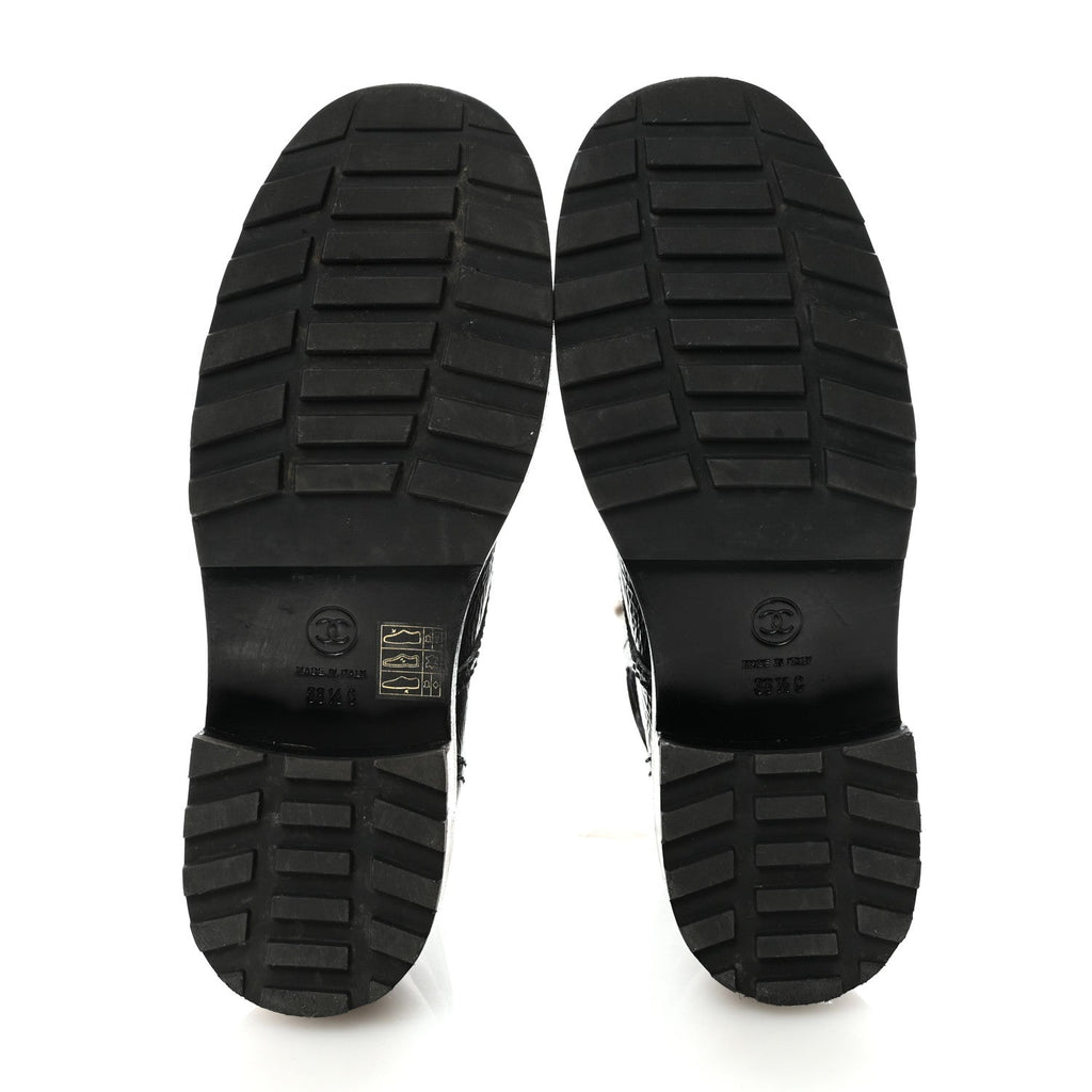 Shiny Calfskin Velvet Pearl Combat Short Boots 38.5 Black