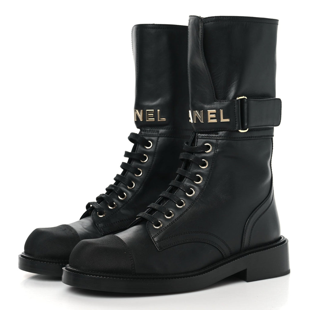 Shiny Calfskin Grosgrain Lace Up Combat Boots 36.5 Black