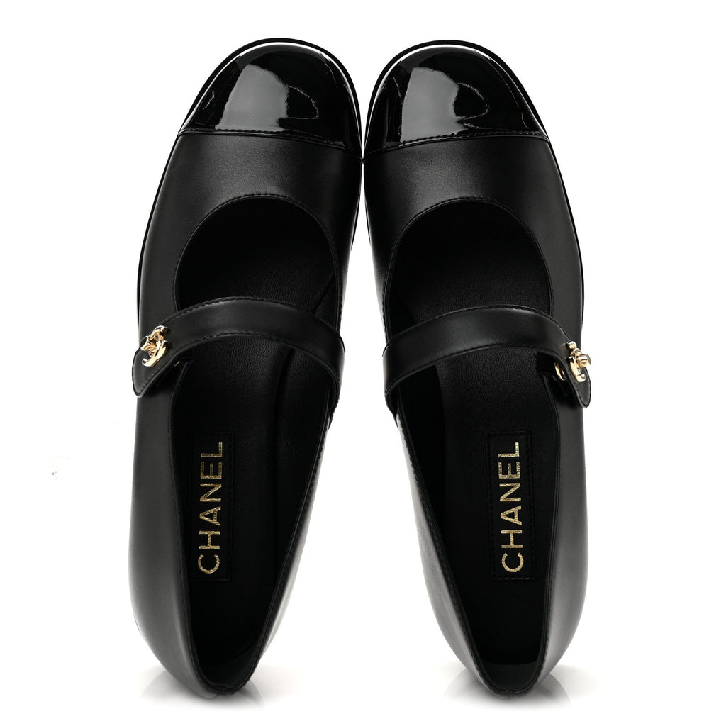 Calfskin Patent Mary Janes Flats 41 Black