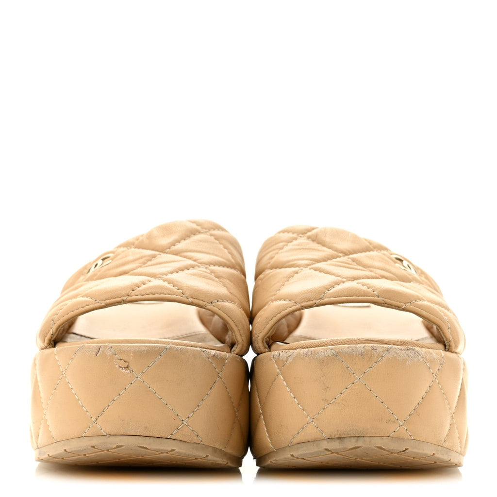 Lambskin Quilted CC Mules Wedge Sandals 36 Beige