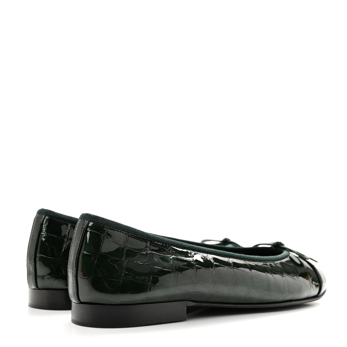 Patent Calfskin Crocodile Embossed Ballerina Flats 38 Dark Green Black