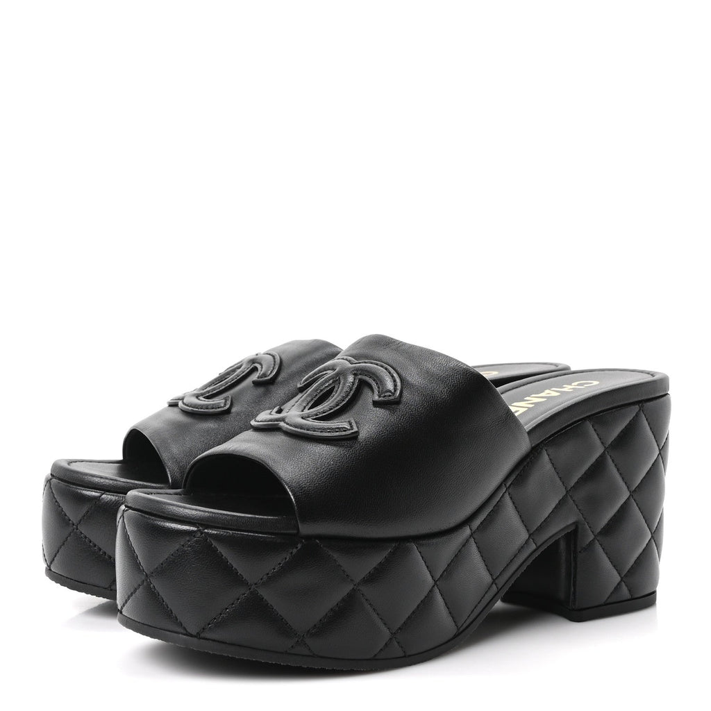 Lambskin Quilted CC Platform Mules 38.5 Black