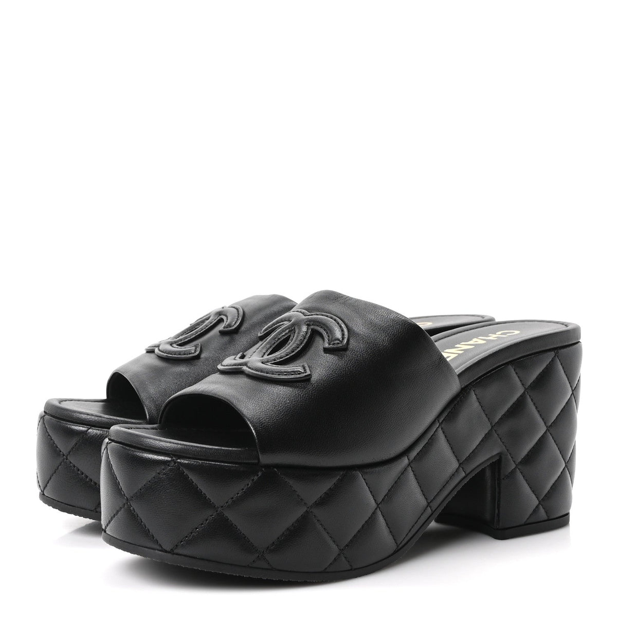Lambskin Quilted CC Platform Mules 38.5 Black