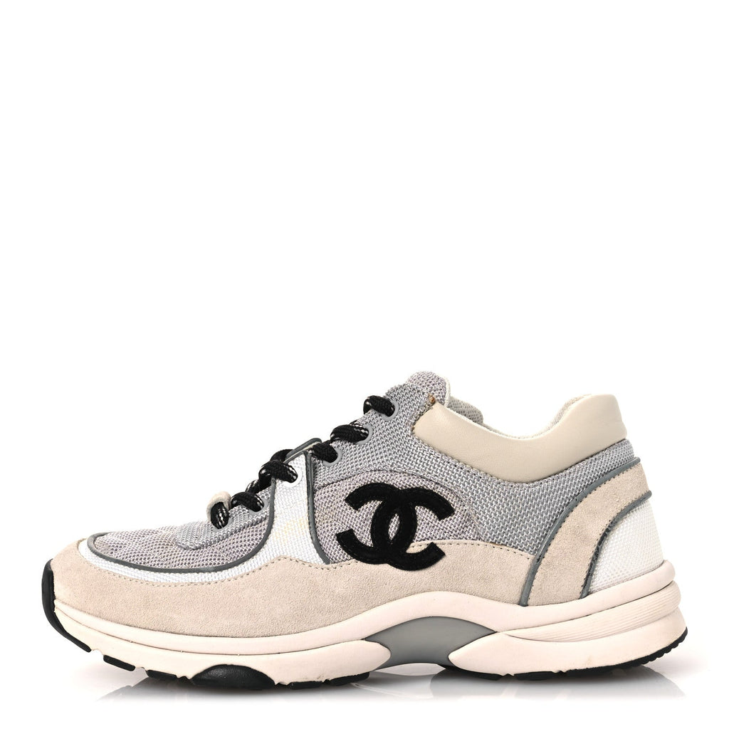 Mesh Suede Calfskin Grained Calfskin Womens CC Sneakers 37 Grey White
