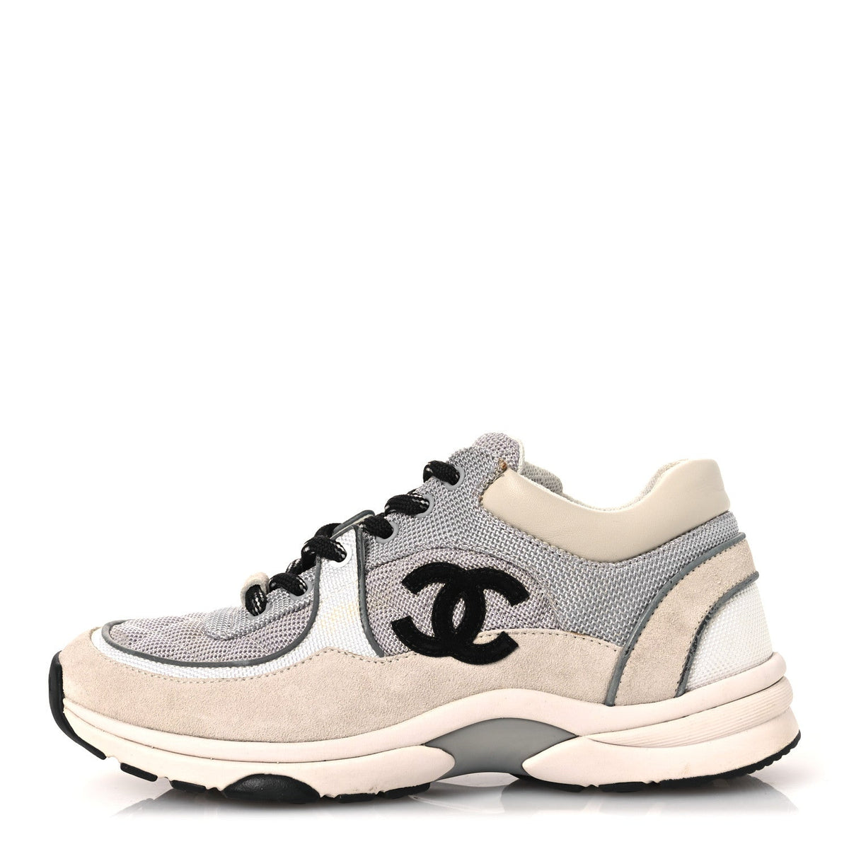 Mesh Suede Calfskin Grained Calfskin Womens CC Sneakers 37 Grey White