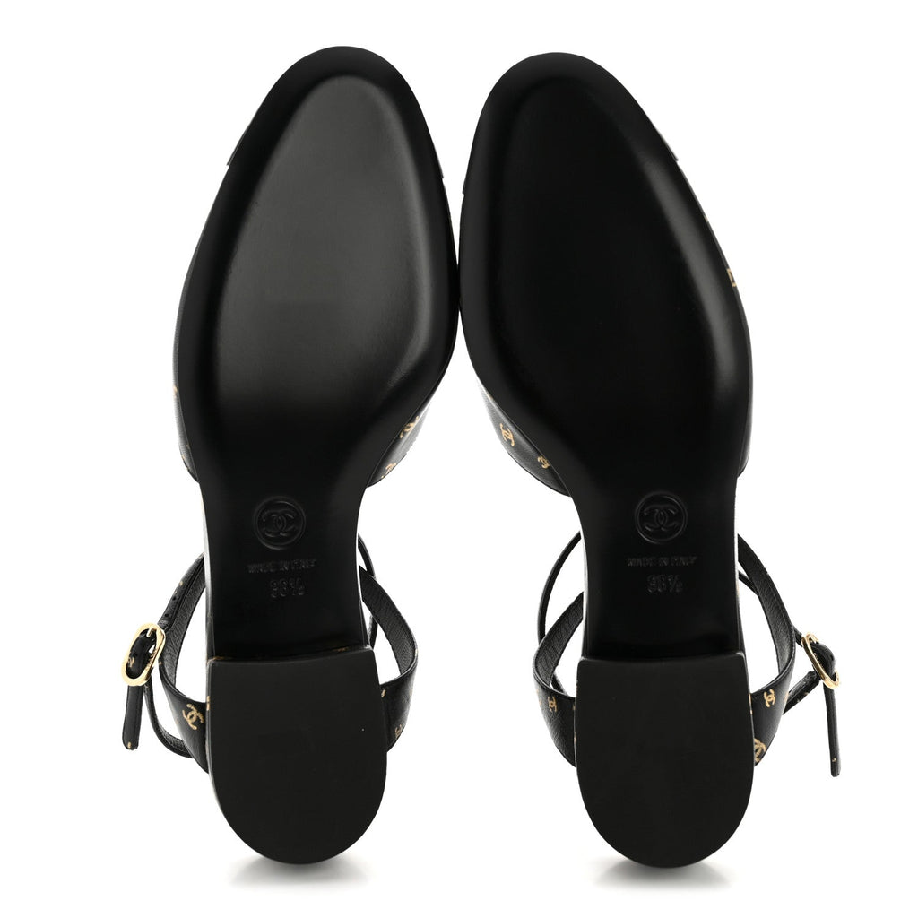 Printed Lambskin Patent Calfskin Cap Toe CC Slingbacks 36.5 Black Gold