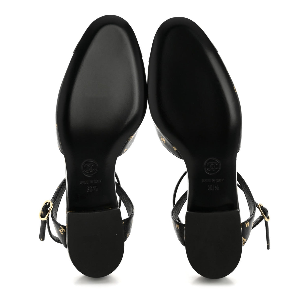 Printed Lambskin Patent Calfskin Cap Toe CC Slingbacks 36.5 Black Gold