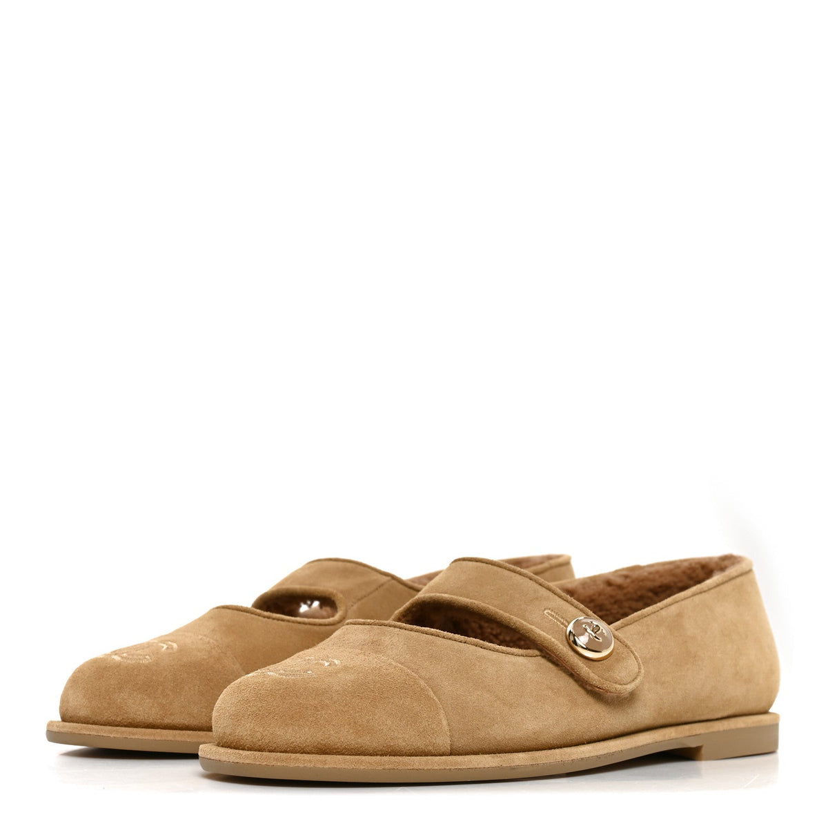 Suede Calfskin Cap Toe CC Mary Jane Flats 38 Beige