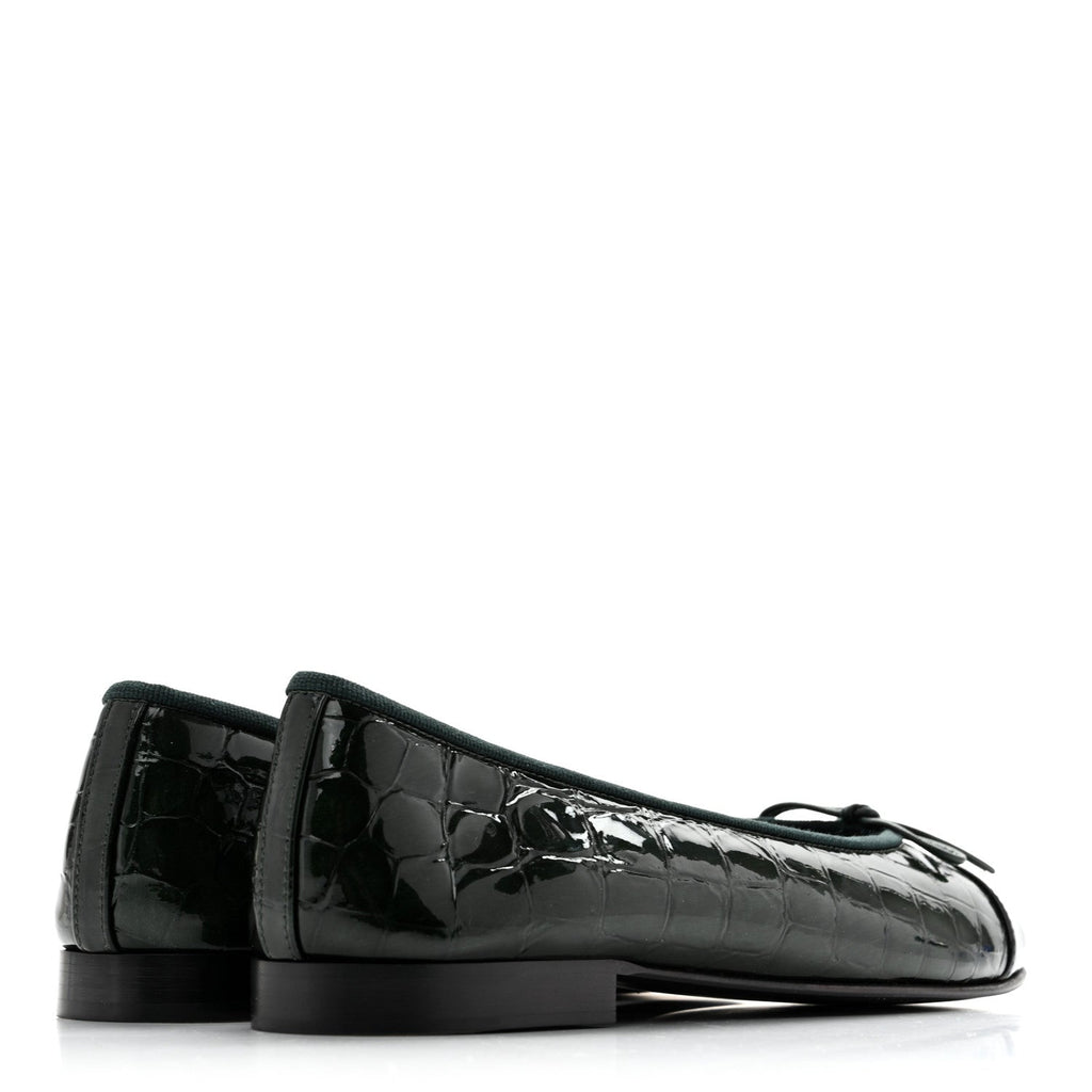 Patent Calfskin Crocodile Embossed Ballerina Flats 37 Dark Green Black