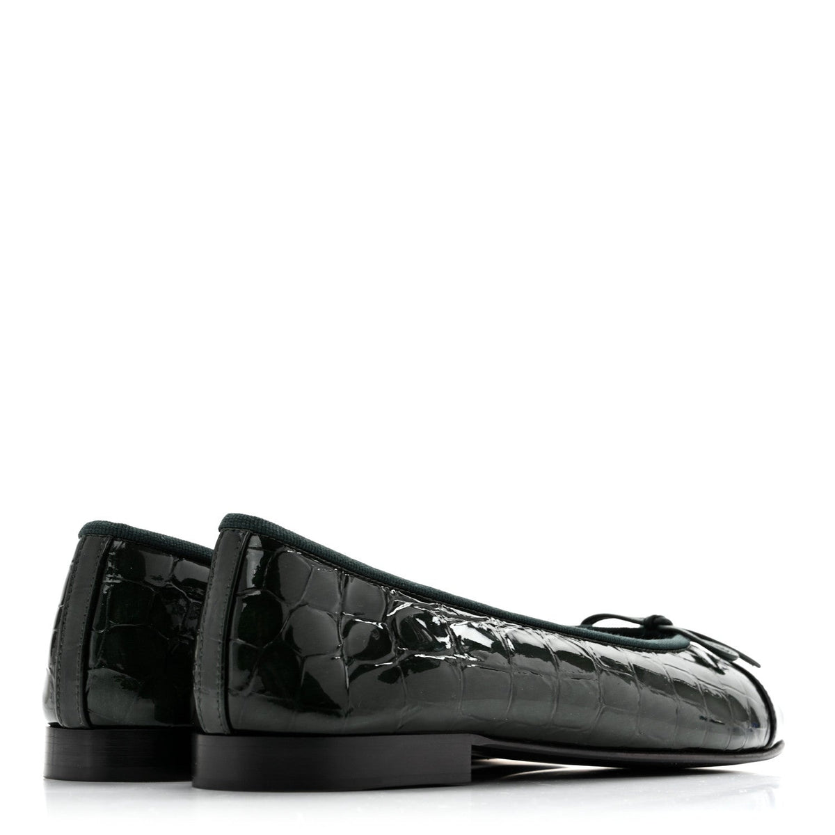 Patent Calfskin Crocodile Embossed Ballerina Flats 37 Dark Green Black