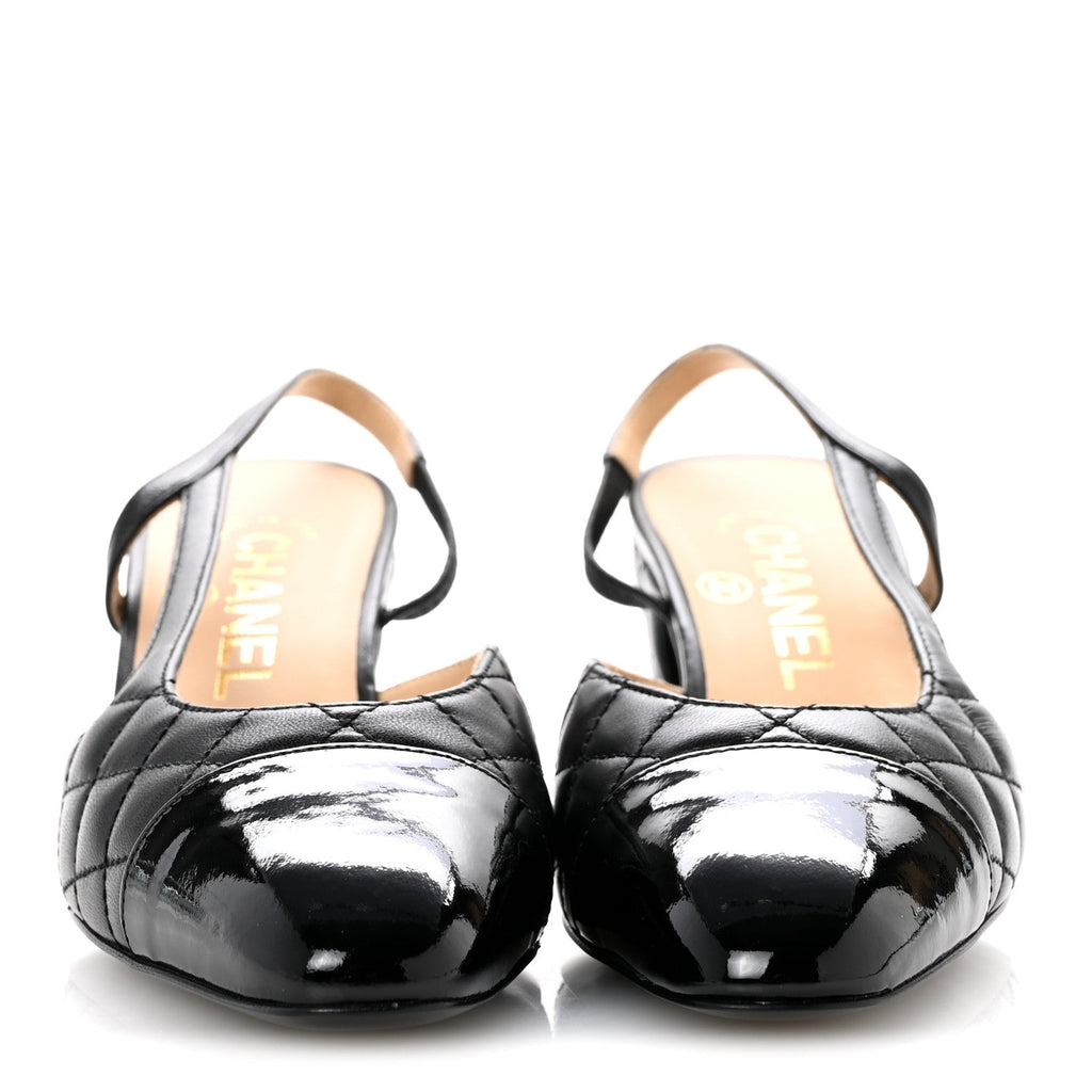 Lambskin Patent Calfskin Quilted Cap Toe CC Slingback Pumps 35.5 Black