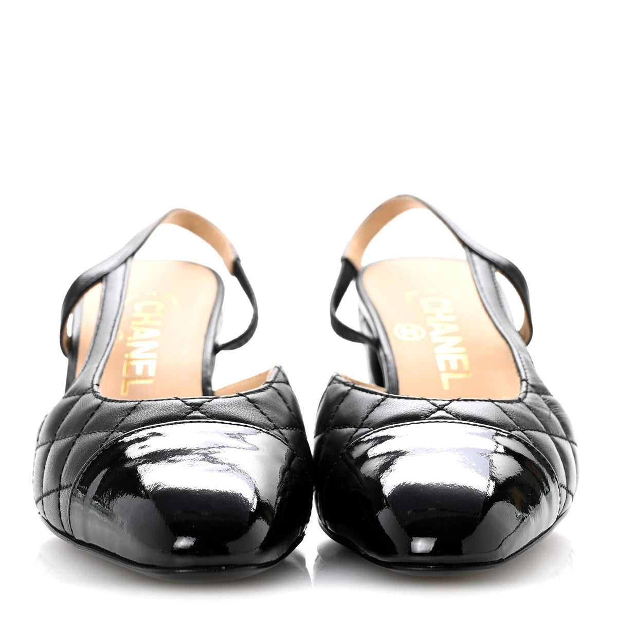 Lambskin Patent Calfskin Quilted Cap Toe CC Slingback Pumps 35.5 Black