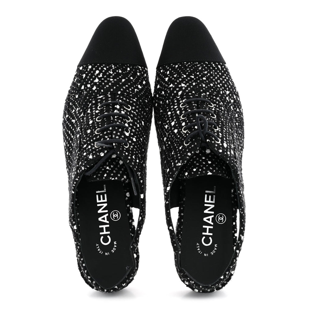 Cotton Tweed Grosgrain Cap Toe Lace Up Slingbacks 38 Black Silver White