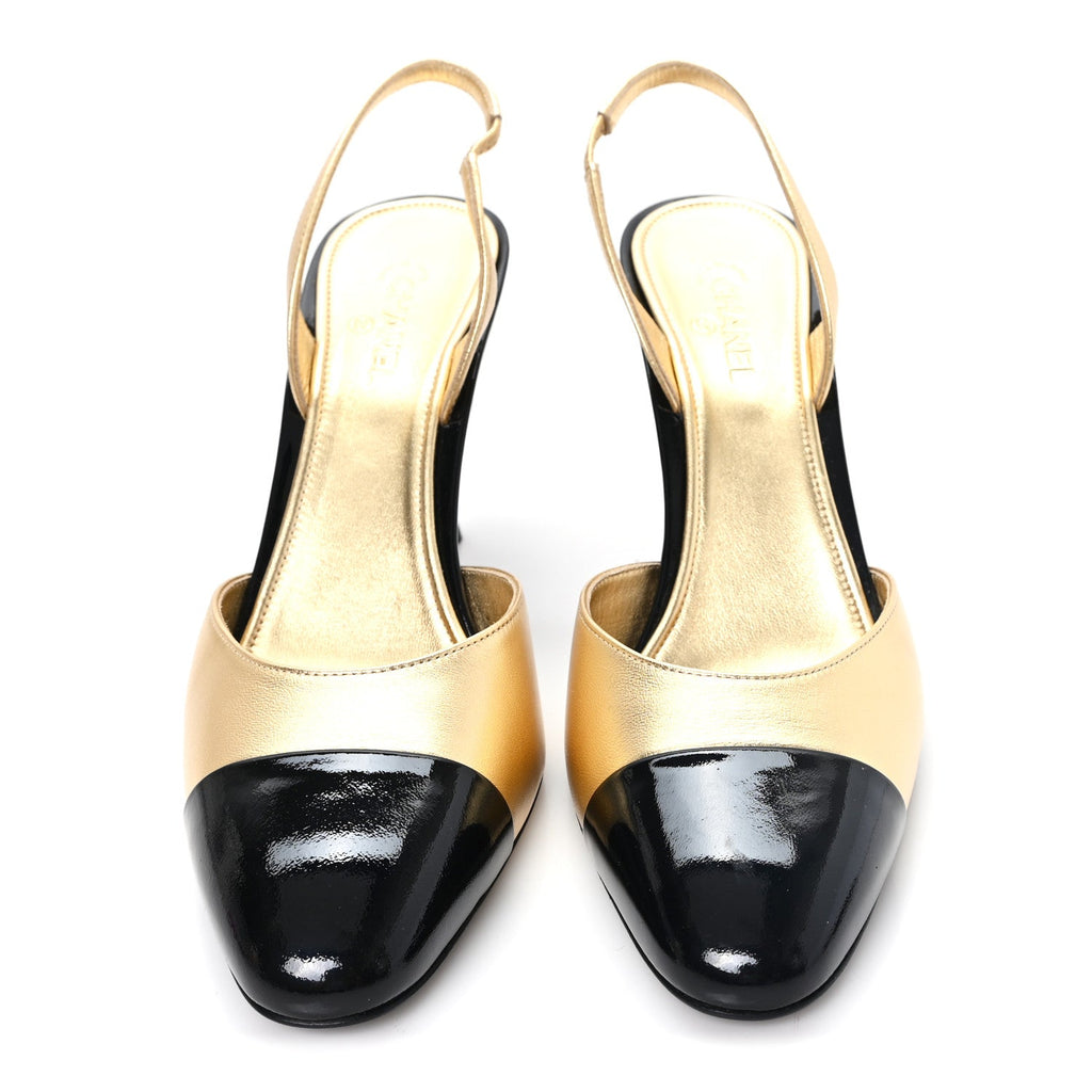 Laminated Lambskin Patent Cap Toe CC Apple Slingback Pumps 40 Gold Black