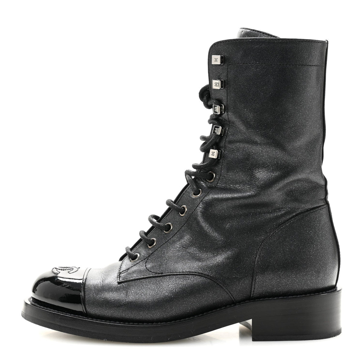 Iridescent Calfskin Patent Cap Toe Lace Up Combat Boots 38 Black