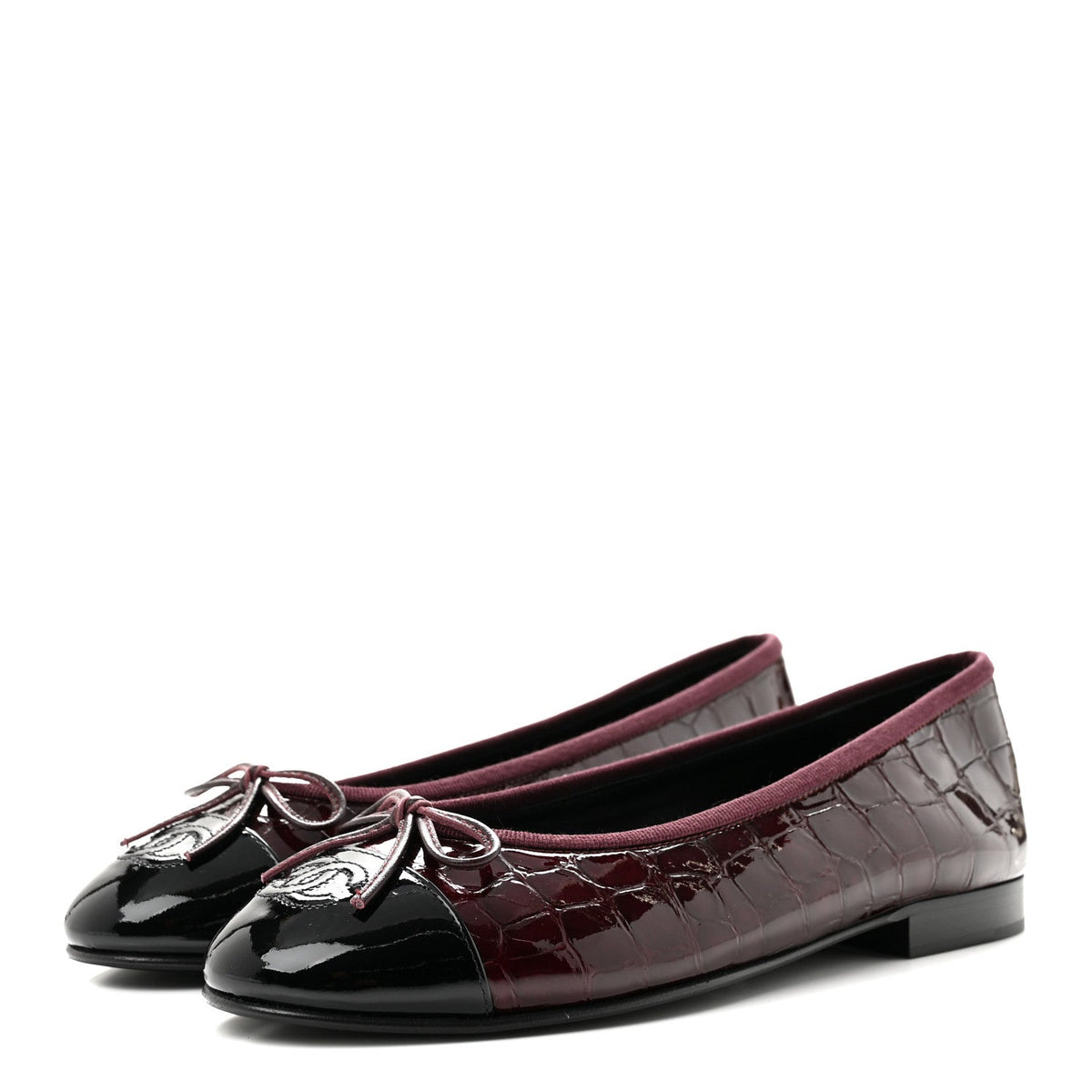 Patent Calfskin Crocodile Embossed Ballerina Flats 37 Dark Burgundy Black