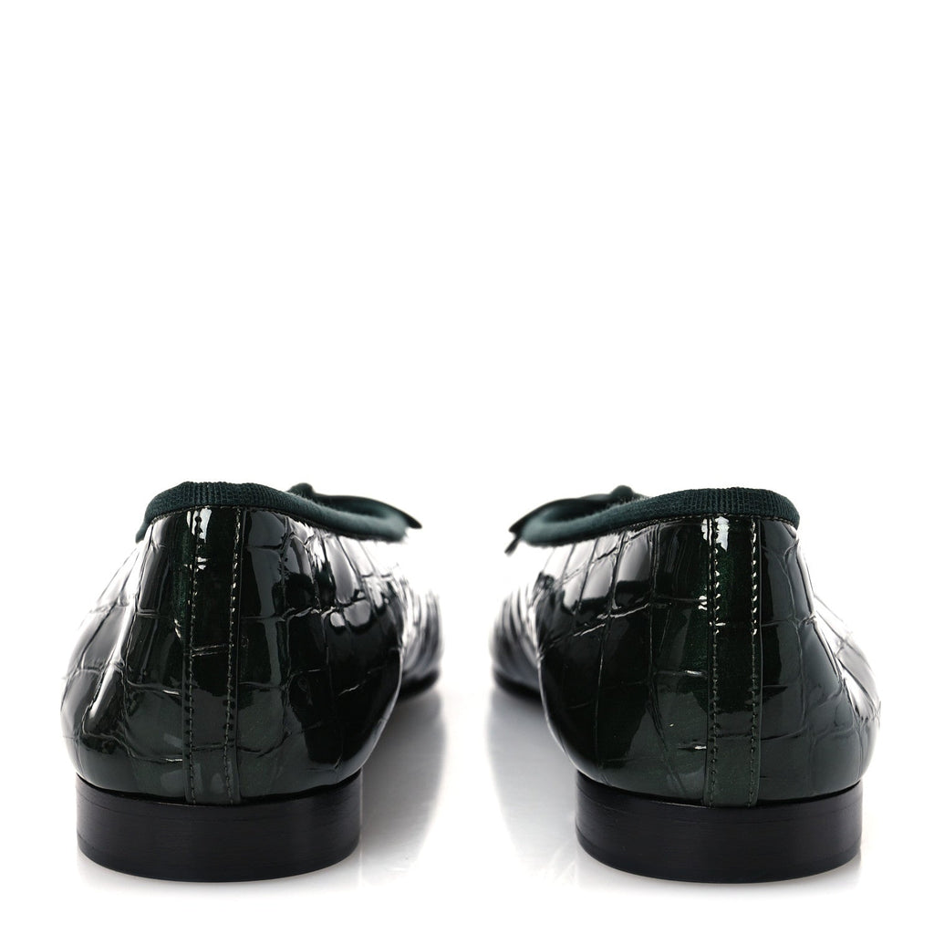 Crocodile Embossed Patent Calfskin Cap Toe CC Ballerina Flats 37.5 Dark Green Black