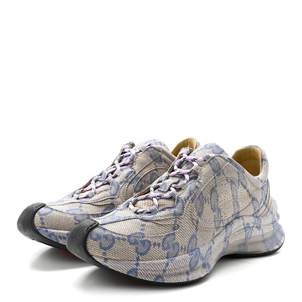 Ultralight Plume Calfskin Monogram Printed Womens Gucci Run Sneakers 37.5 Beige Blue