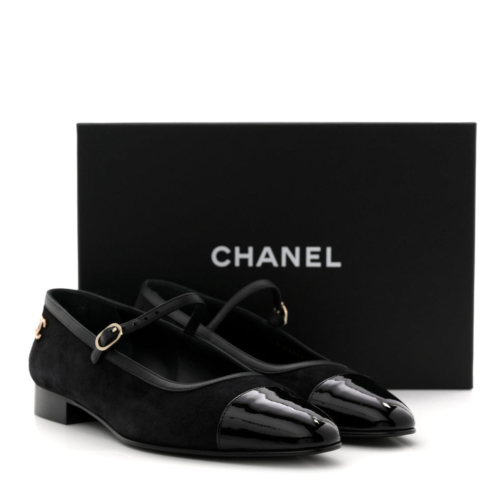 Suede Kidskin Lambskin Patent Calfskin Crystal CC Cap Toe Flats 40 Black