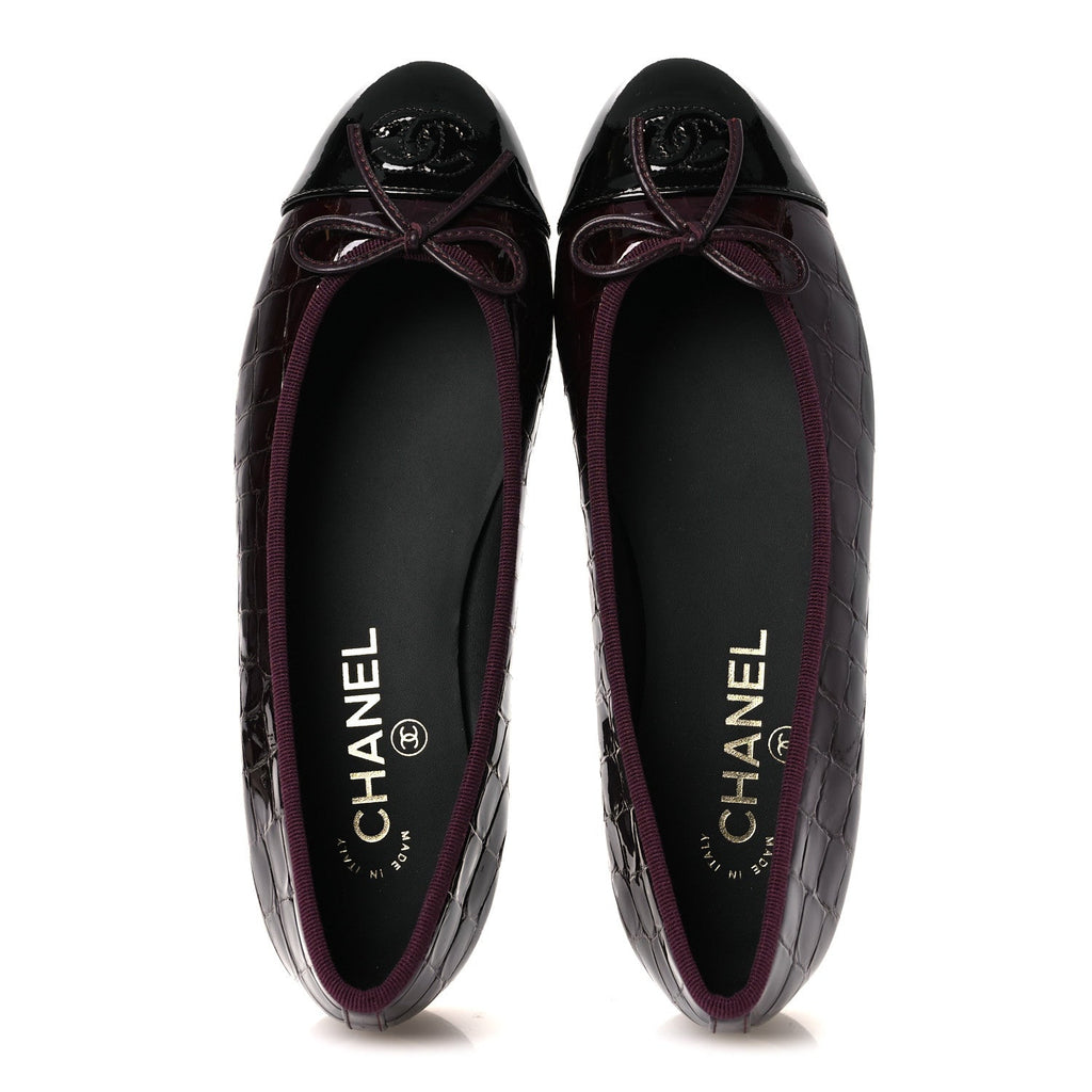 Patent Calfskin Crocodile Embossed Ballerina Flats  38 Dark Burgundy Black