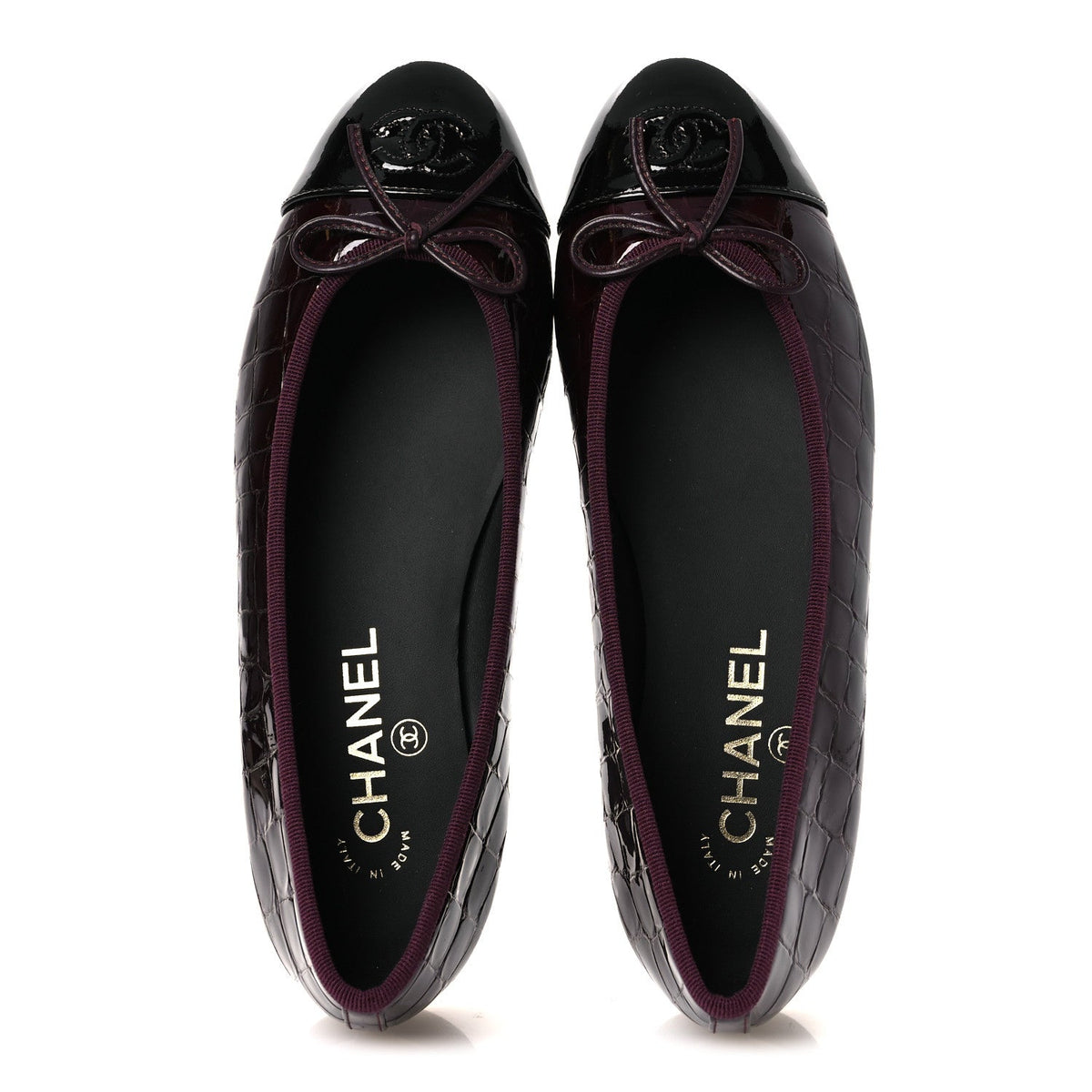 Patent Calfskin Crocodile Embossed Ballerina Flats  38 Dark Burgundy Black