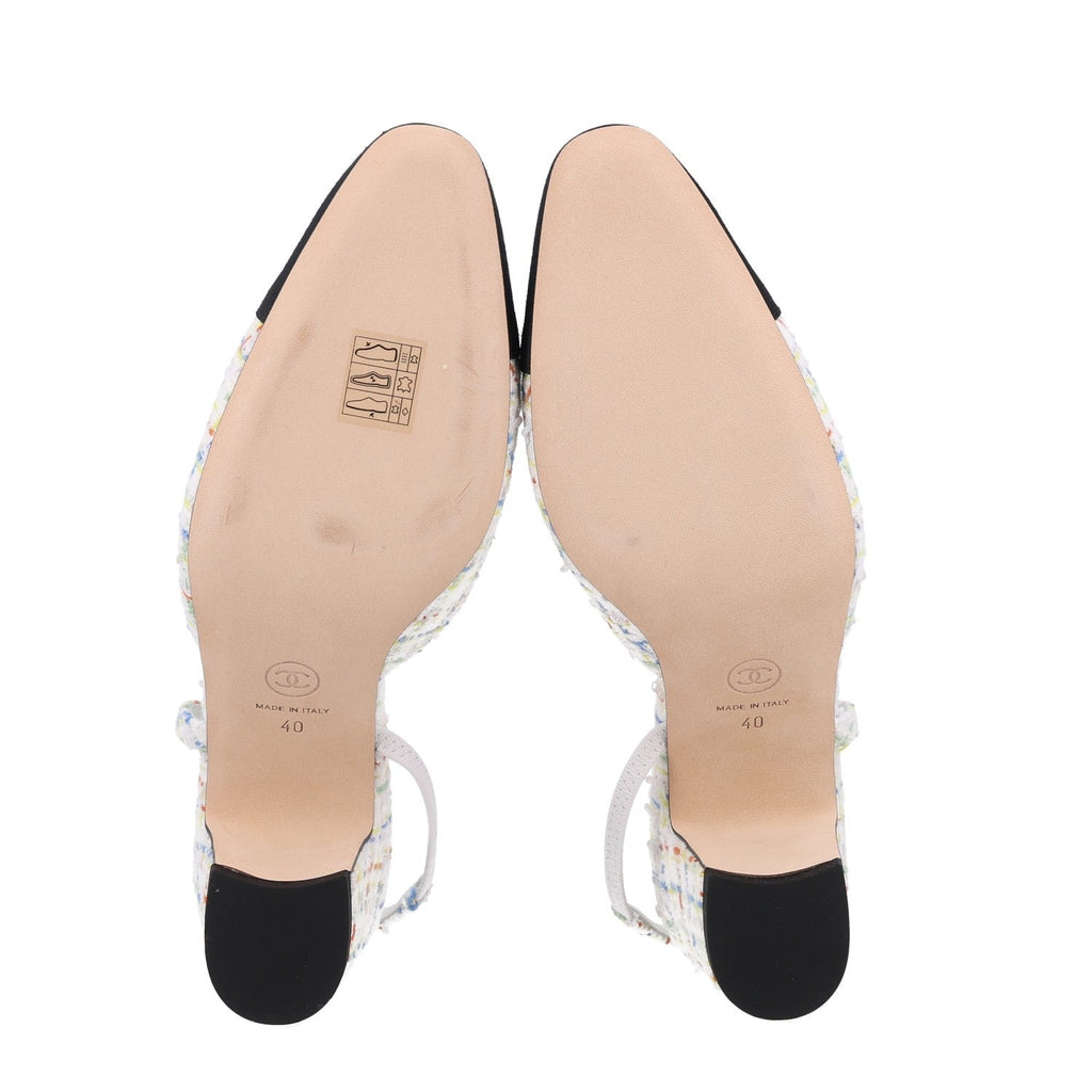 Tweed Grosgrain Cap Toe CC Slingback Pumps 40 White Multicolor