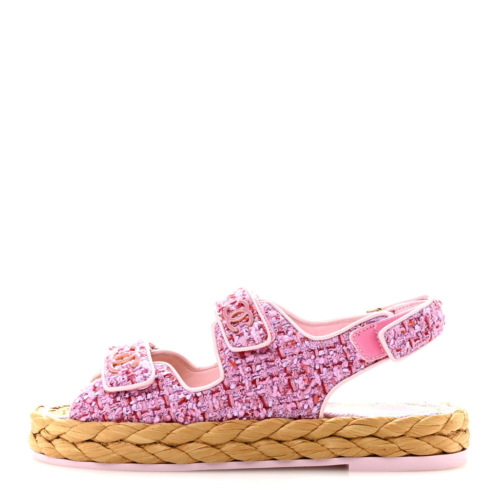 Tweed Patent Calfskin Velcro Dad Sandals 38.5 Light Purple Pink Red