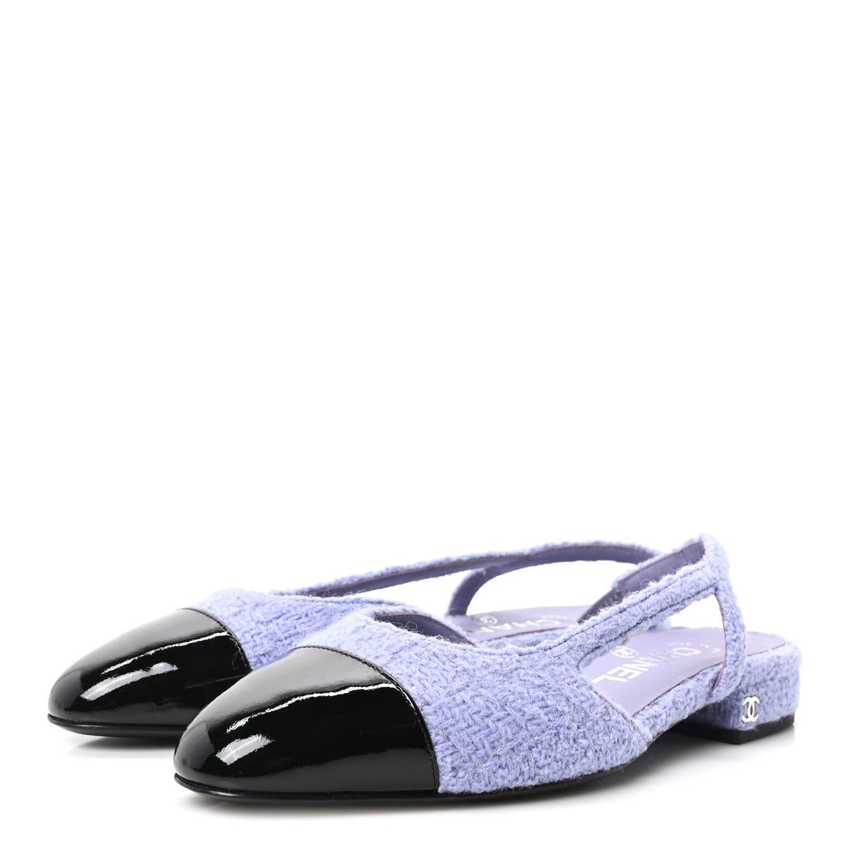 Iridescent Wool Tweed Patent Cap Toe CC Slingback Flats 36 Light Purple Silver Black