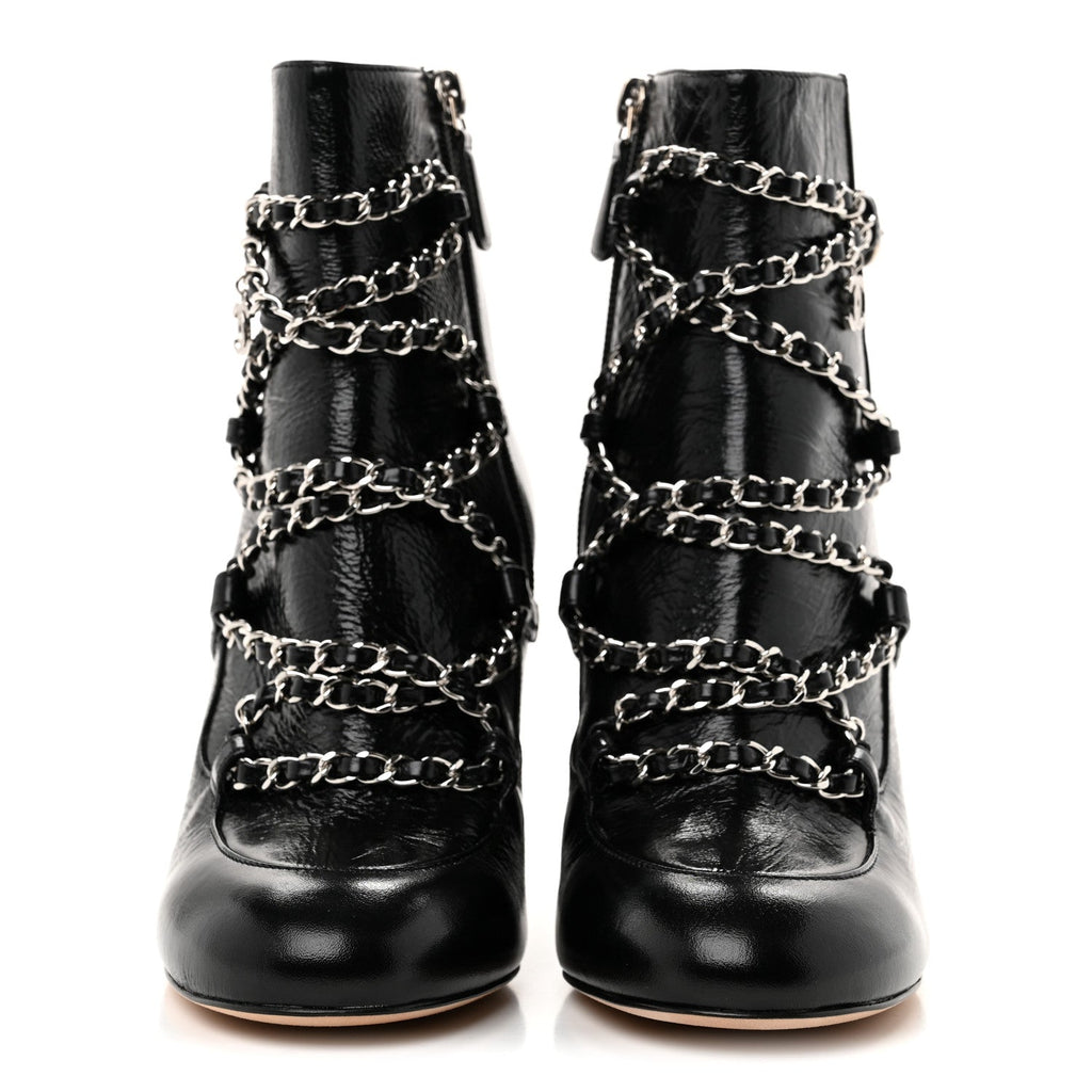 Crackled Calfskin Chain CC Short Boots 38 Black