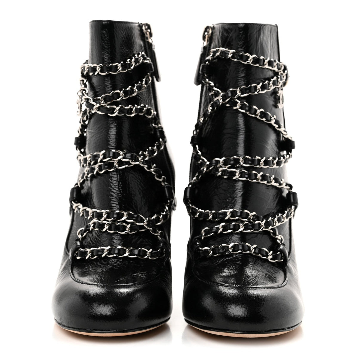 Crackled Calfskin Chain CC Short Boots 38 Black