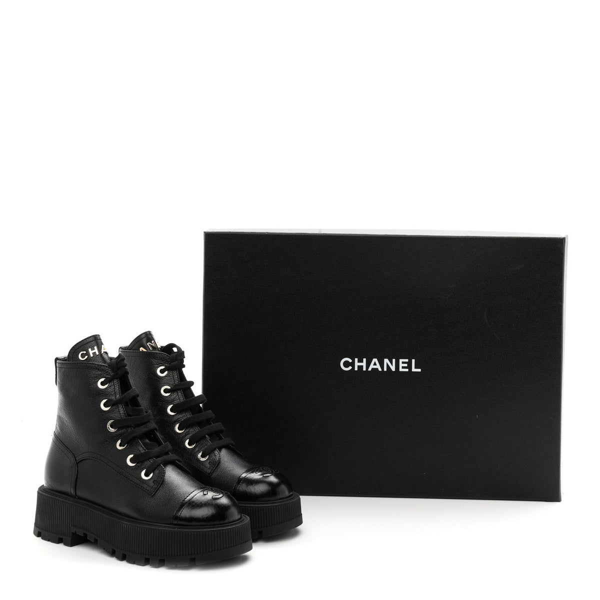 Grained Calfskin Shiny Calfskin CC Lace Up Combat Boots 36.5 Black