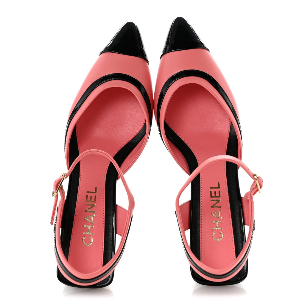 Patent Calfskin CC Ankle Strap Sandals 38 Pink Black
