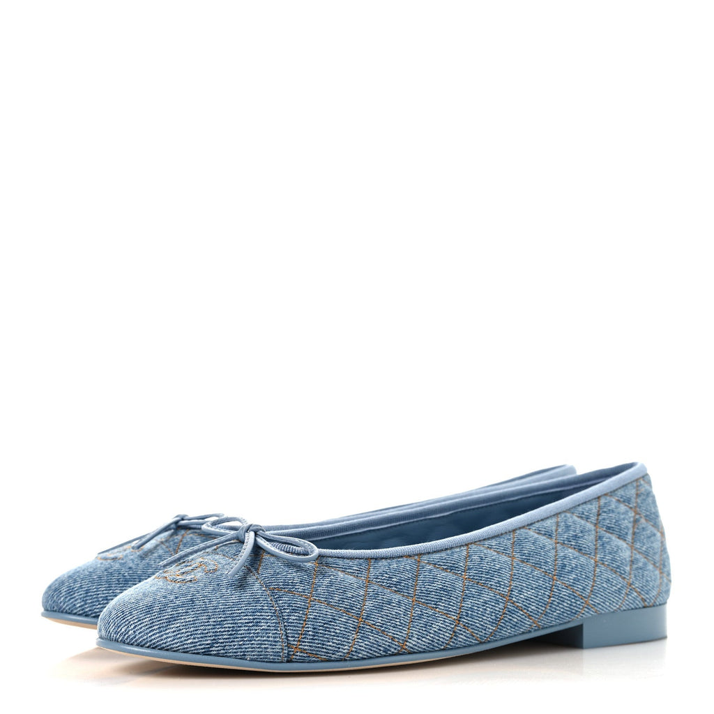 Denim Quilted CC Cap Toe Ballerina Flats 40.5 Light Blue