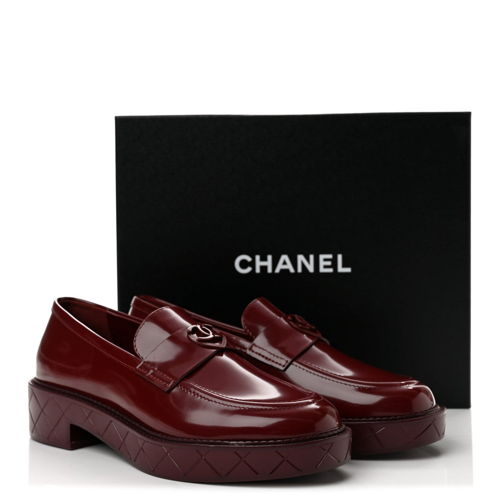Shiny Calfskin Quilted CC Mocassin Loafers 39.5  Dark Red