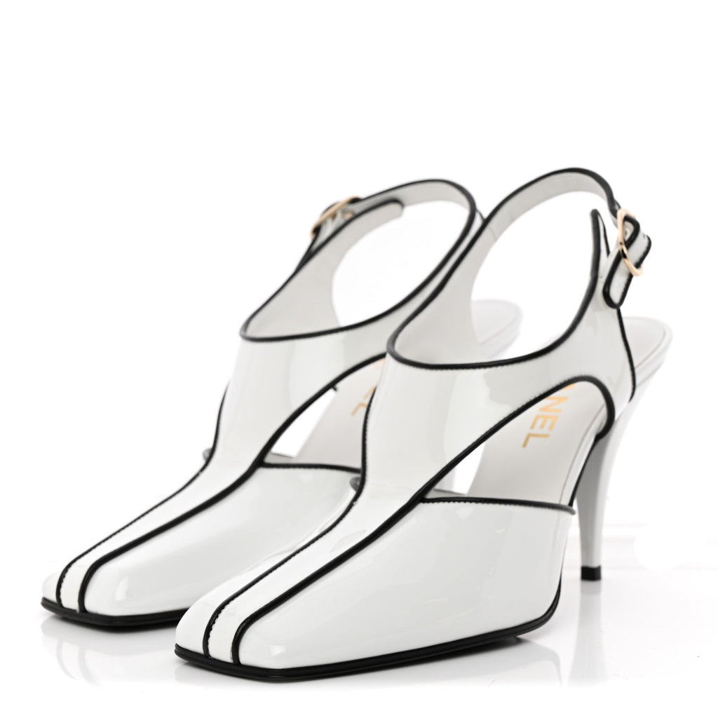 Patent Calfskin Lambskin Slingback Pumps 38.5 White Black