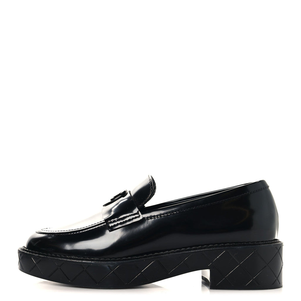 Shiny Calfskin Quilted CC Mocassin Loafers 37 Black