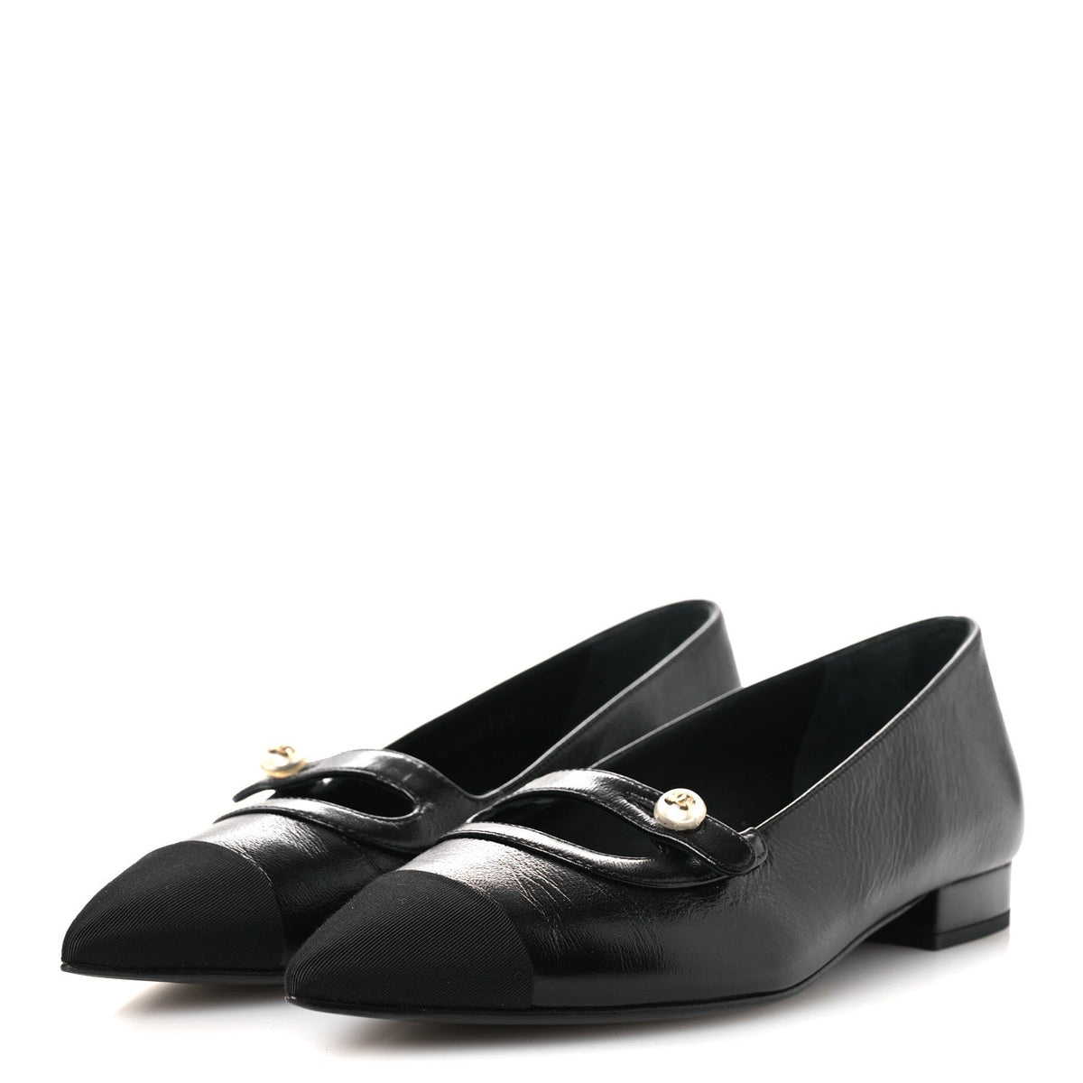 Shiny Lambskin Grosgrain Pearl Mary Jane Flats 37 Black