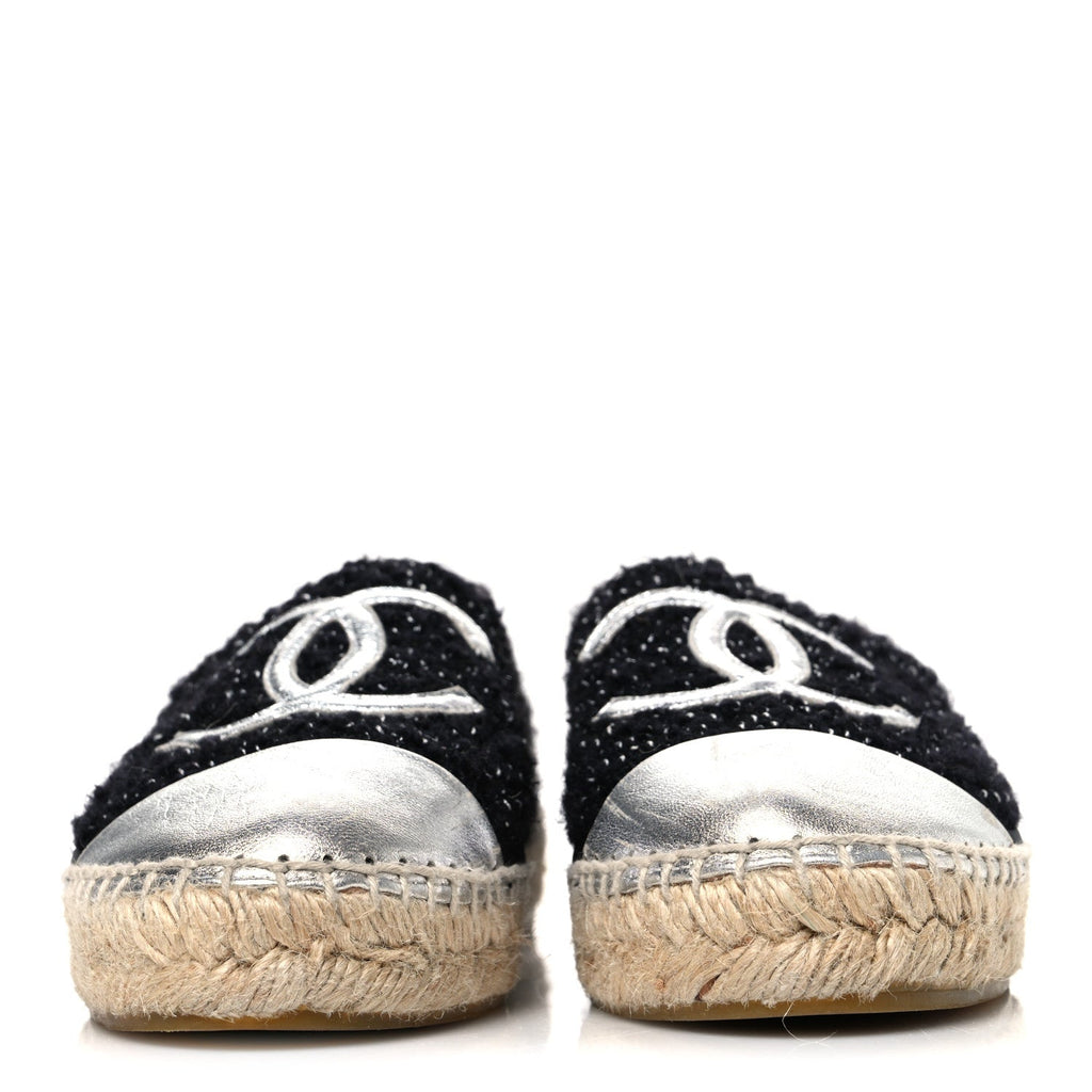 Metallic Lambskin Tweed CC Espadrilles 37 Black Silver