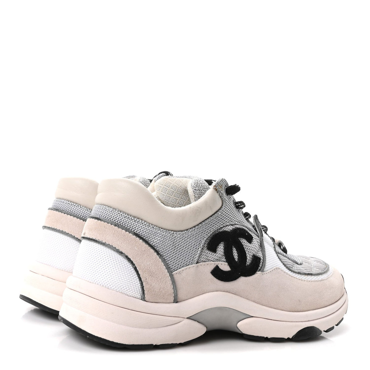 Mesh Suede Calfskin Grained Calfskin Womens CC Sneakers 37.5 Grey White