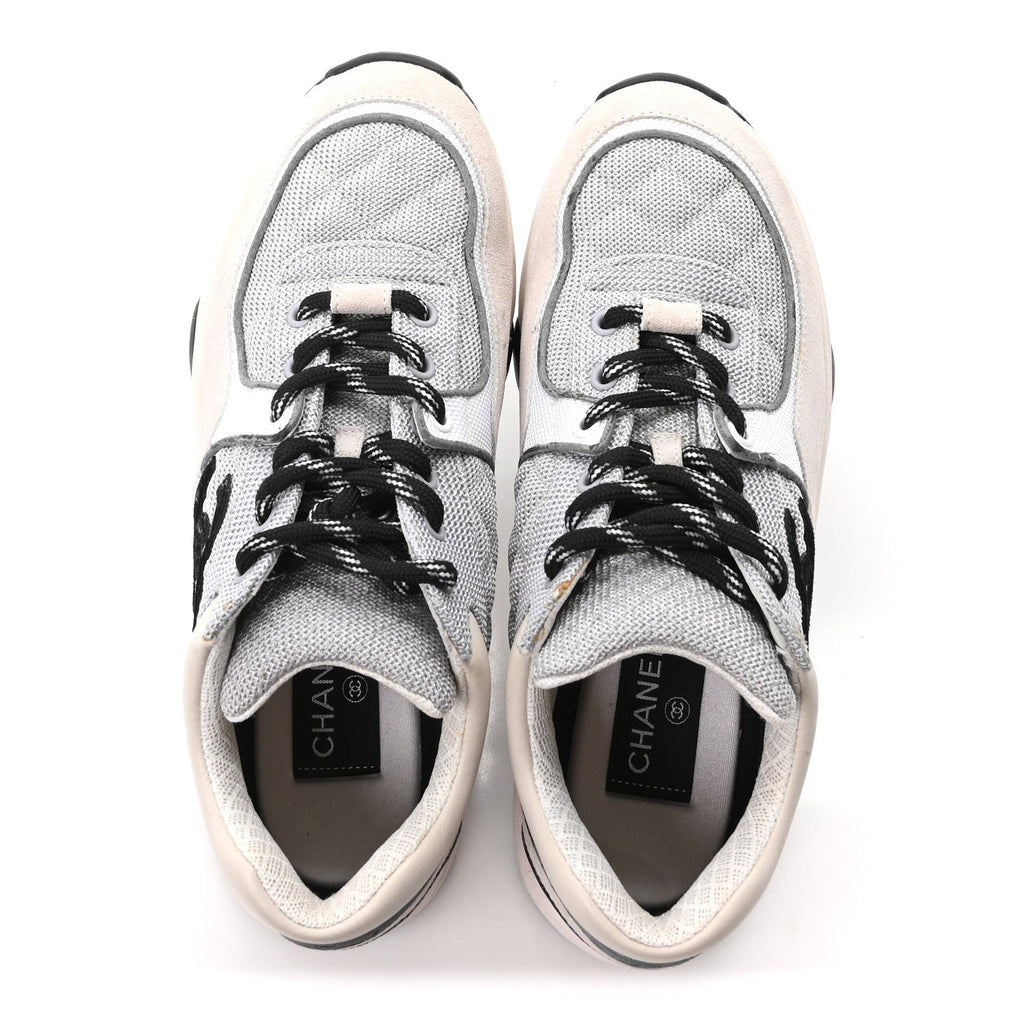 Mesh Suede Calfskin Grained Calfskin Womens CC Sneakers 37.5 Grey White